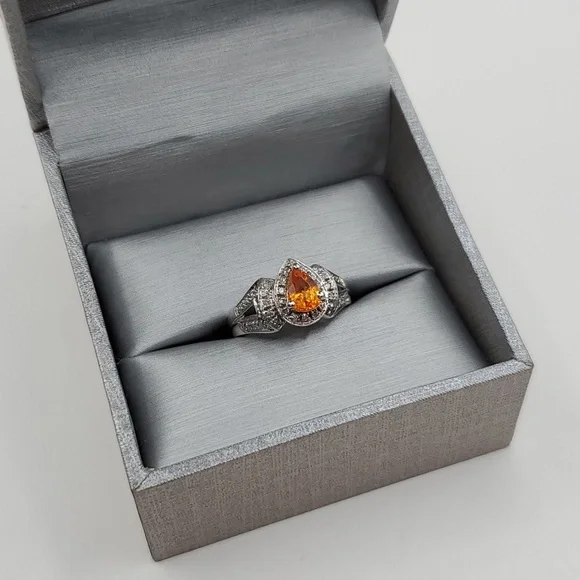 14k Solid White Gold Pear Shaped Orange Spessartite Garnet & Diamond Halo Ring - Picture 9 of 9